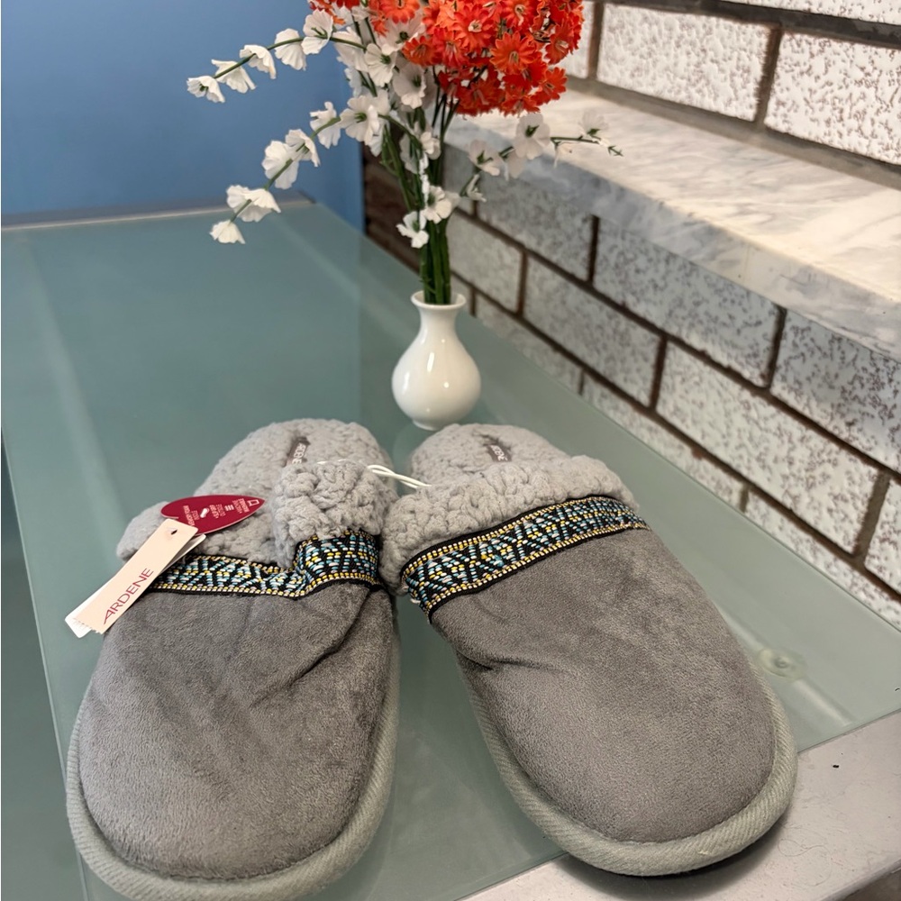 Ardene Gray Faux-Suede Mule Slippers with Multicolor Embroidered Strap